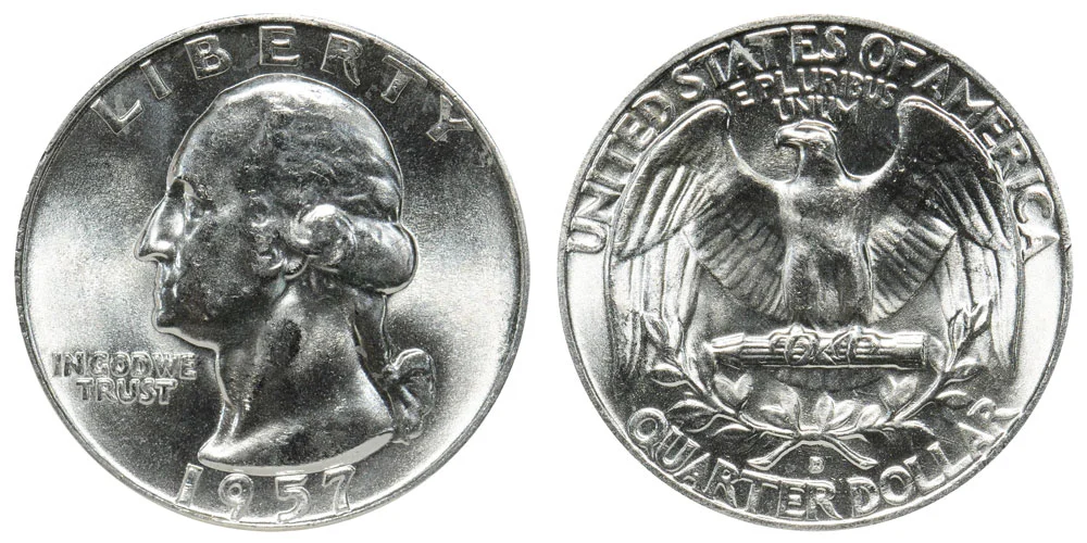 1957 Washington Quarter obverse and reverse showing George Washington portrait and heraldic eagle design
