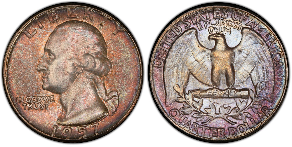 Side-by-side comparison of standard 1957 quarter reverse versus Type B Reverse FS-901 showing crisp proof-quality details vs. dull standard strike
