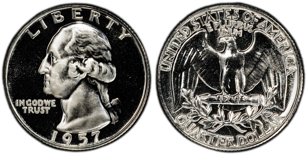 1957 Washington Quarter proof coin showing Deep Cameo contrast with frosted devices against mirror-like fields
