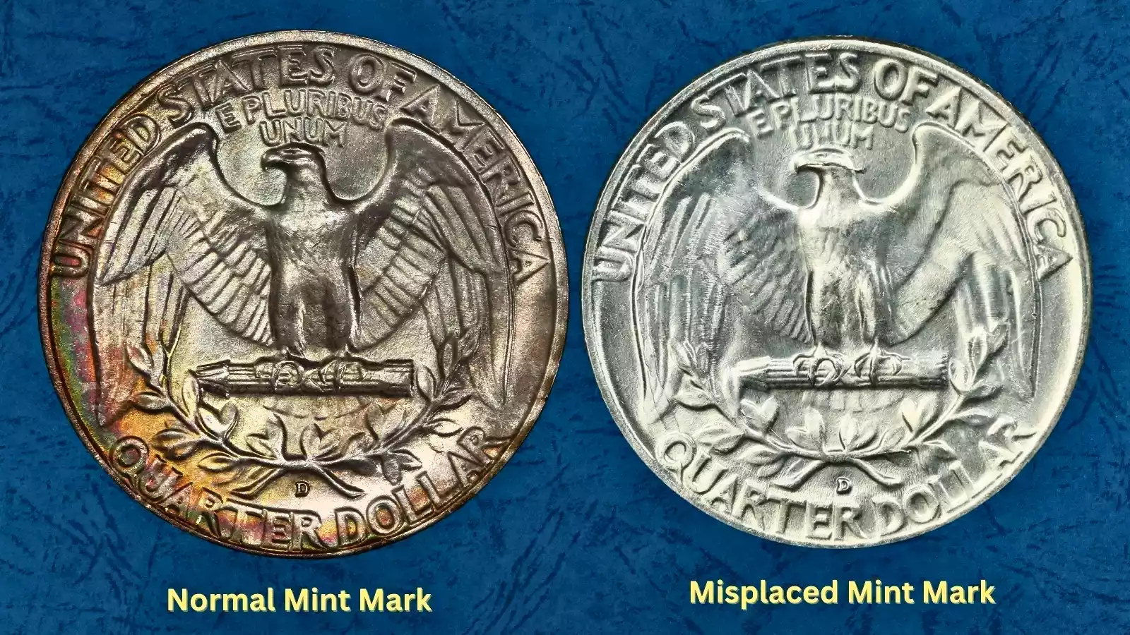 1957-D quarter reverse macro close-up showing the Misplaced Mint Mark FS-501 with the D shifted toward the R in QUARTER DOLLAR