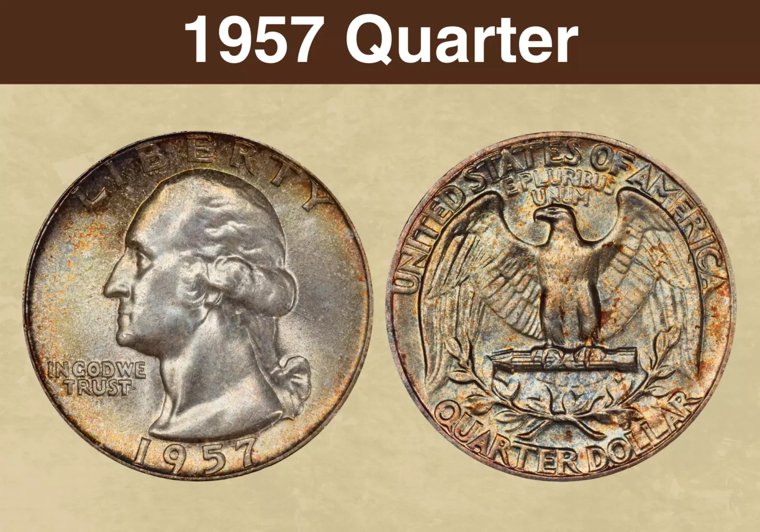 1957 Washington Quarter mintage data reference — Philadelphia Mint historical view and typical 1957 quarter specimens in various grades