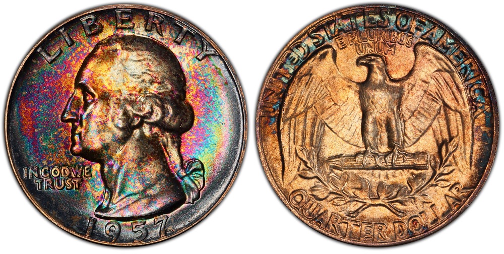 1957 Washington Quarter grading strip showing four condition tiers from worn Good through Gem Uncirculated MS65